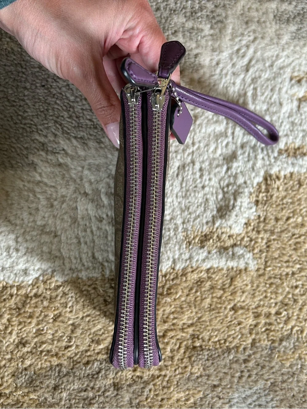 Coach Signature Logo Double Zip Wristlet Brown Purple EUC!
